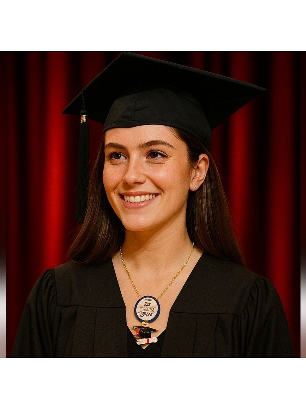 Hand Crafted Graduation Necklace Black Grad Cap red tassel white Diploma 11"